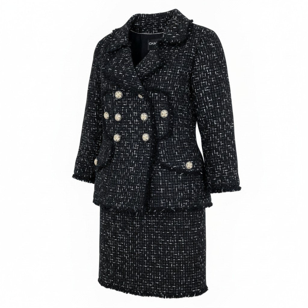 CHANEL シャネル ロゴリボンテープ ルサージュ ダブルツイード ブラック コットン / ポリエステル / シルク P45108 セットアップ レディース SA