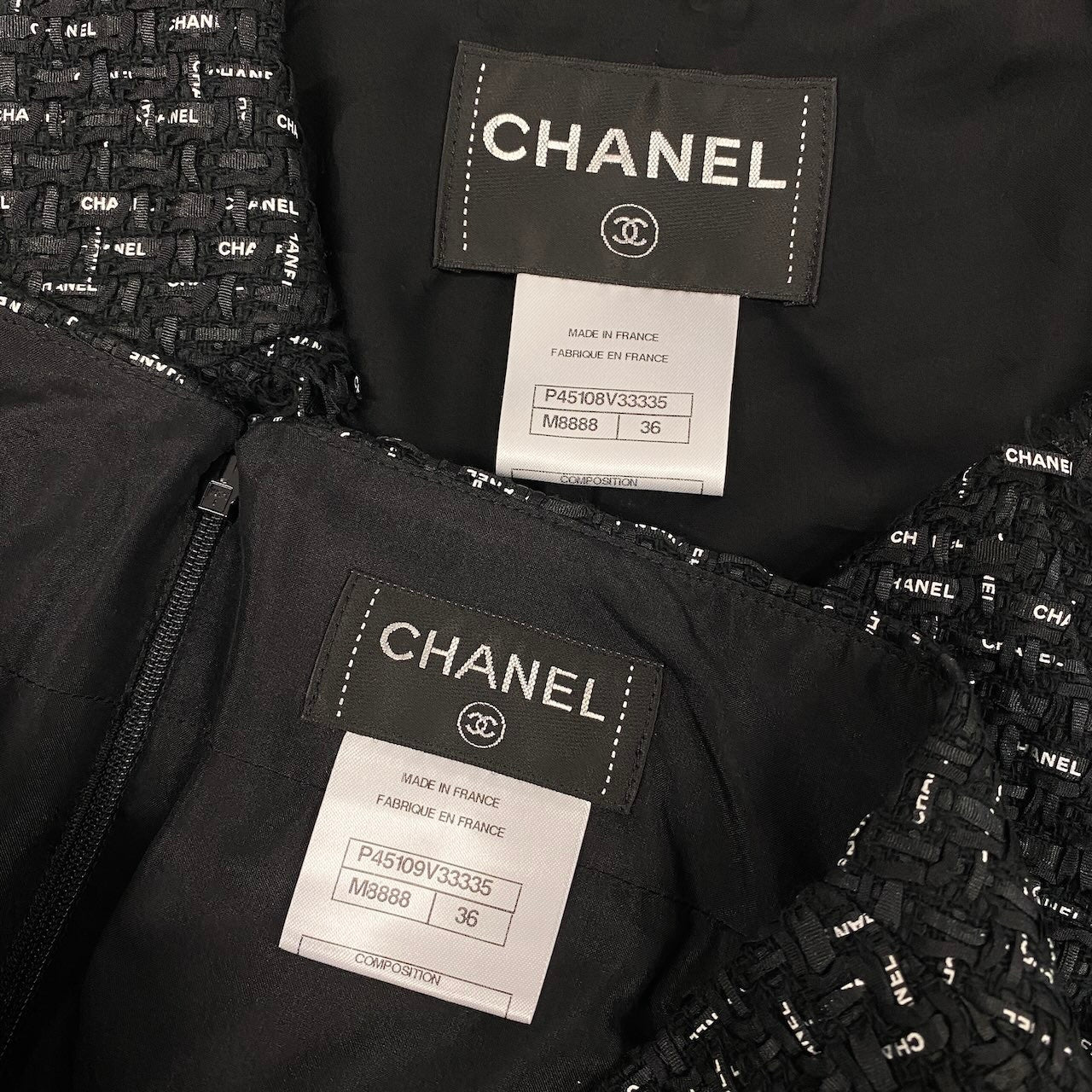 CHANEL シャネル ロゴリボンテープ ルサージュ ダブルツイード ブラック コットン / ポリエステル / シルク P45108 セットアップ レディース SA