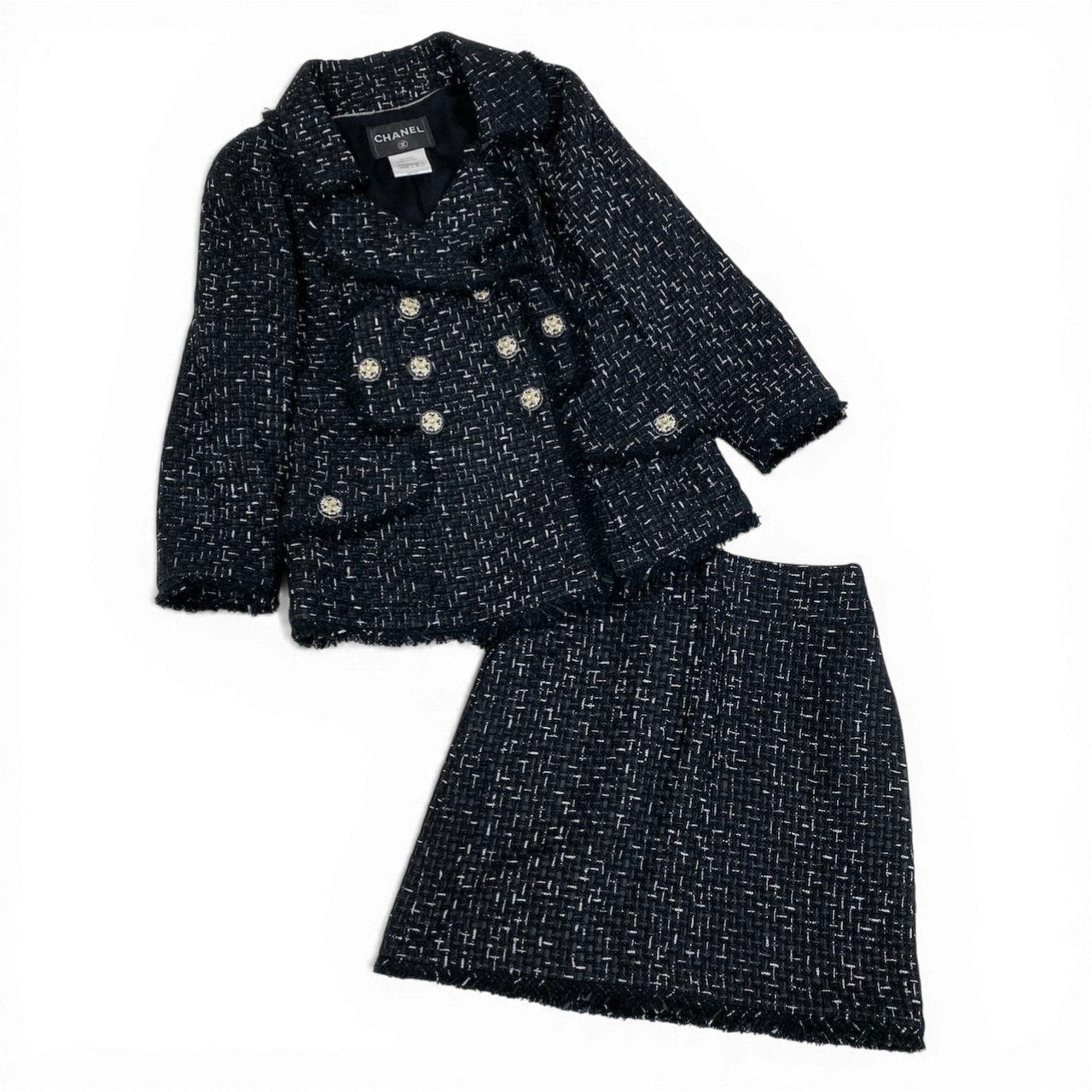 CHANEL シャネル ロゴリボンテープ ルサージュ ダブルツイード ブラック コットン / ポリエステル / シルク P45108 セットアップ レディース SA