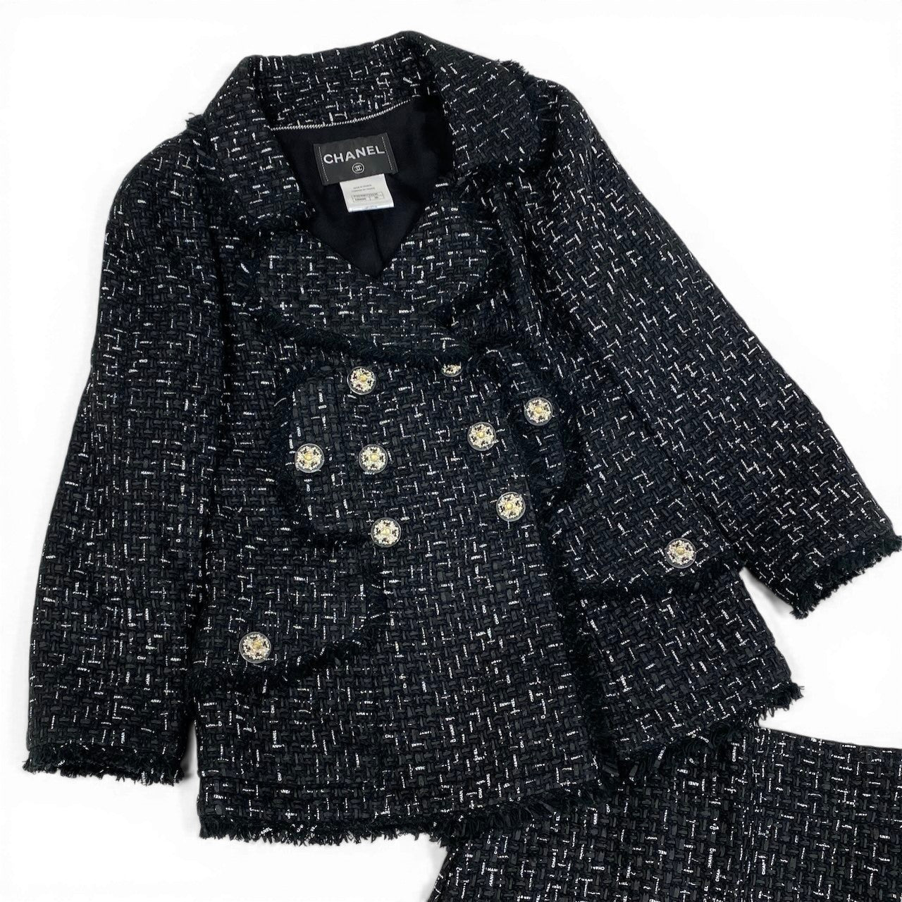 CHANEL シャネル ロゴリボンテープ ルサージュ ダブルツイード ブラック コットン / ポリエステル / シルク P45108 セットアップ レディース SA