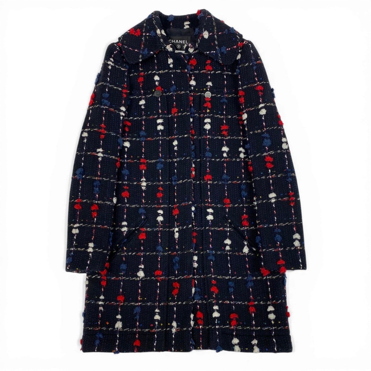 CHANEL シャネル CCボタン ツイード ネイビー ウール / コットン / アクリル ナイロン P42157 ステンカラーコート レディース SA