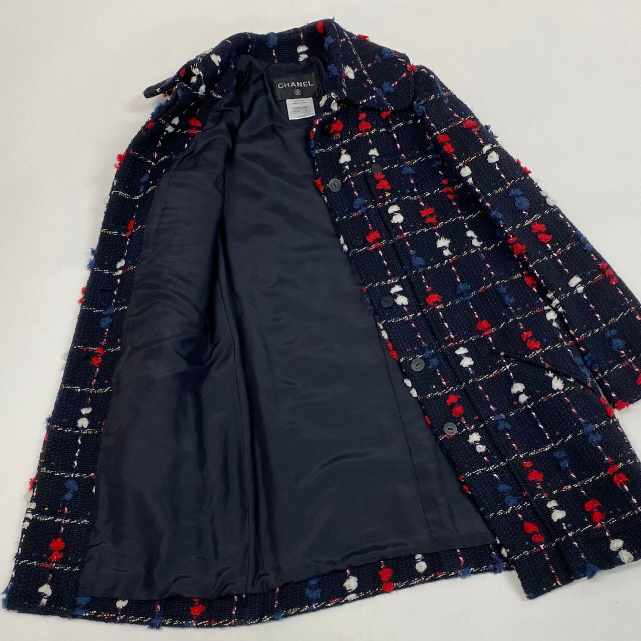 CHANEL シャネル CCボタン ツイード ネイビー ウール / コットン / アクリル ナイロン P42157 ステンカラーコート レディース SA