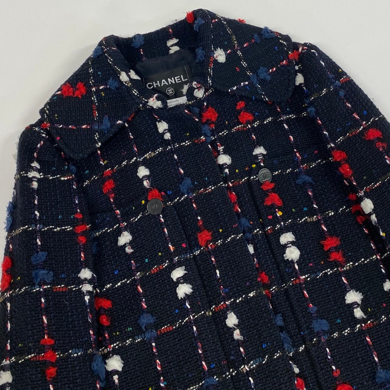 CHANEL シャネル CCボタン ツイード ネイビー ウール / コットン / アクリル ナイロン P42157 ステンカラーコート レディース SA