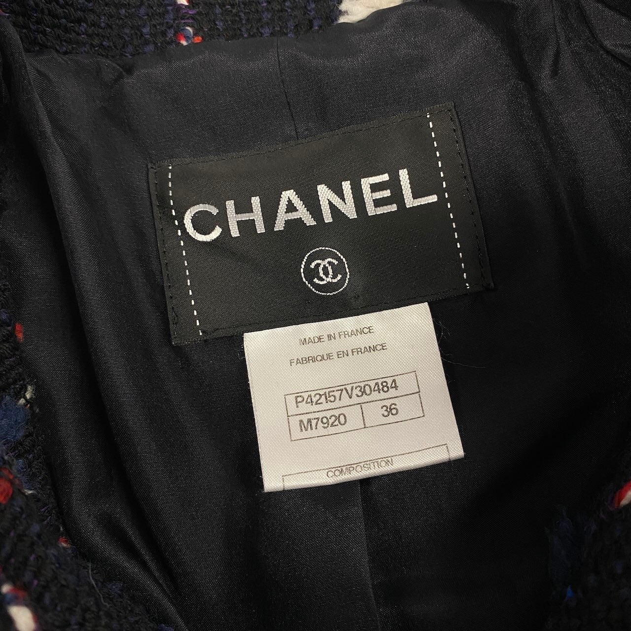 CHANEL シャネル CCボタン ツイード ネイビー ウール / コットン / アクリル ナイロン P42157 ステンカラーコート レディース SA