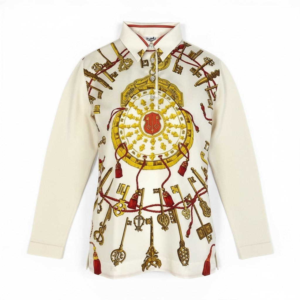 HERMES エルメス シルク切替 長袖 ホワイト シルク / コットン / カシミヤ ポロシャツ レディース SA