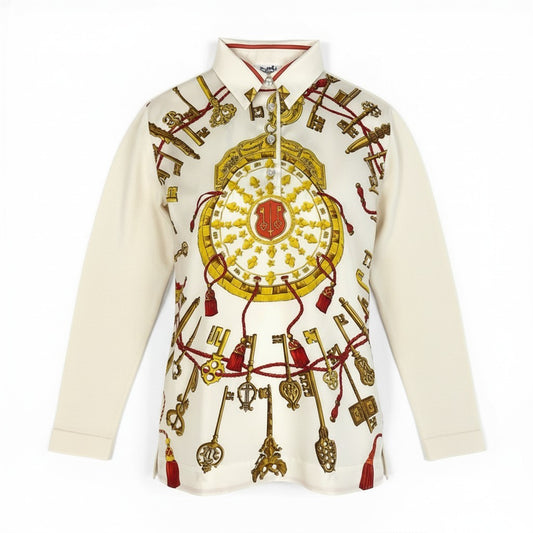 HERMES エルメス シルク切替 長袖 ホワイト シルク / コットン / カシミヤ ポロシャツ レディース SA