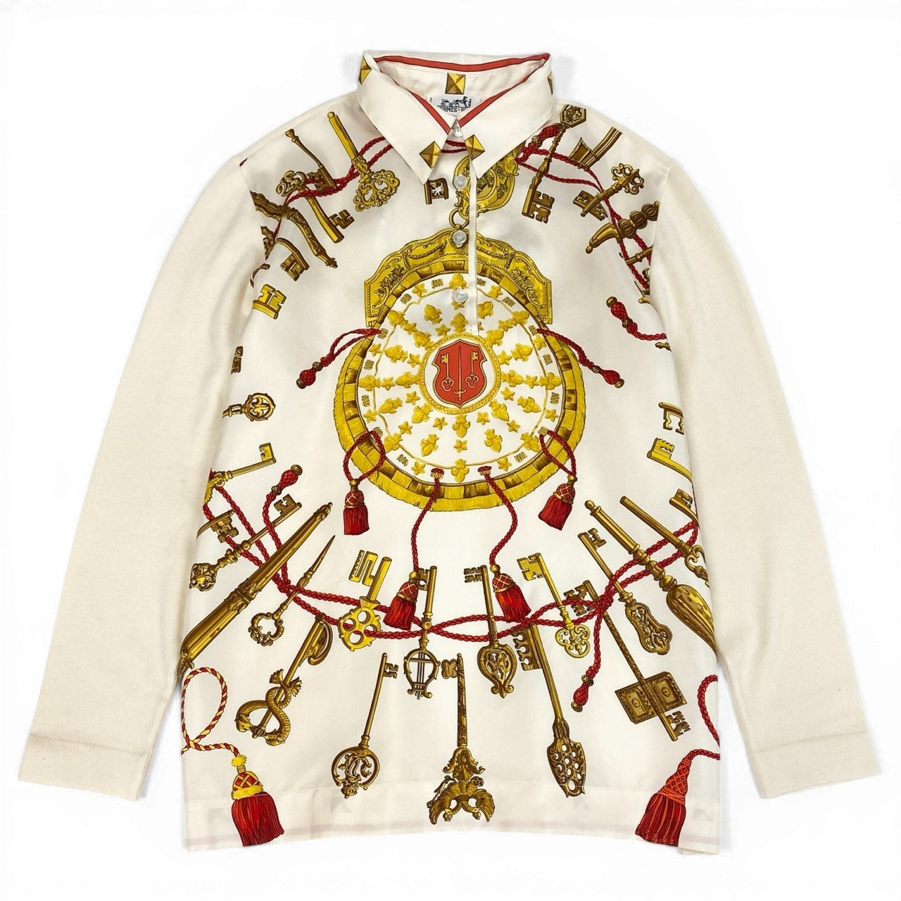 HERMES エルメス シルク切替 長袖 ホワイト シルク / コットン / カシミヤ ポロシャツ レディース SA