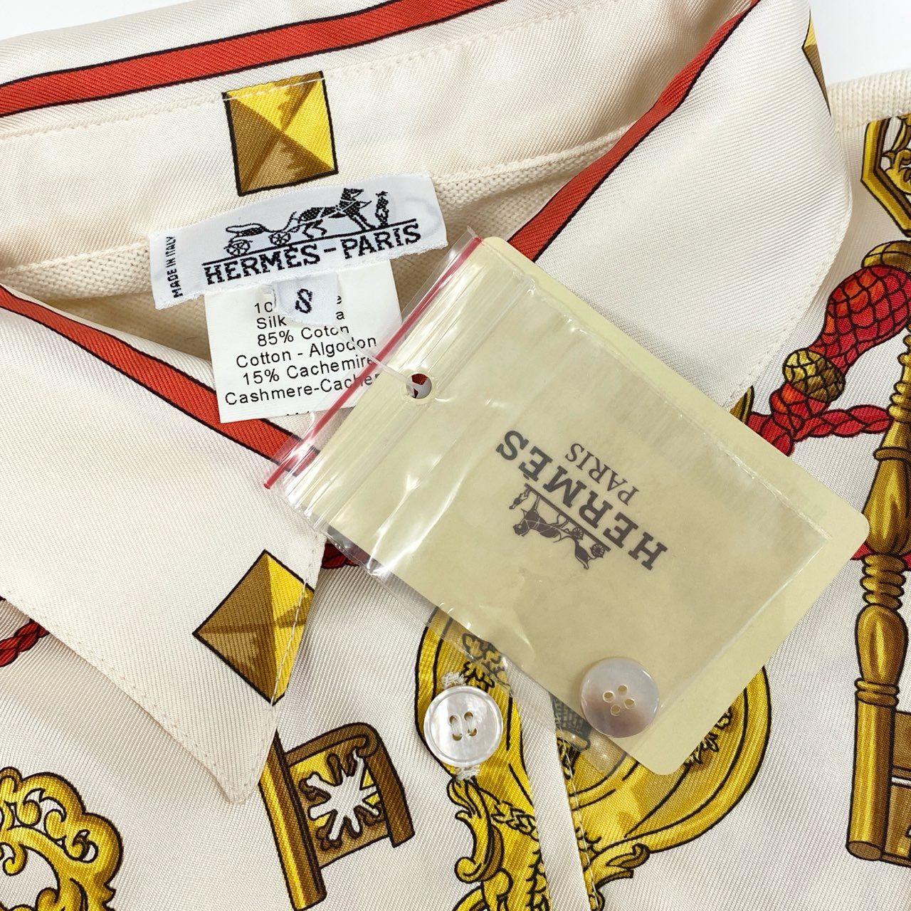 HERMES エルメス シルク切替 長袖 ホワイト シルク / コットン / カシミヤ ポロシャツ レディース SA