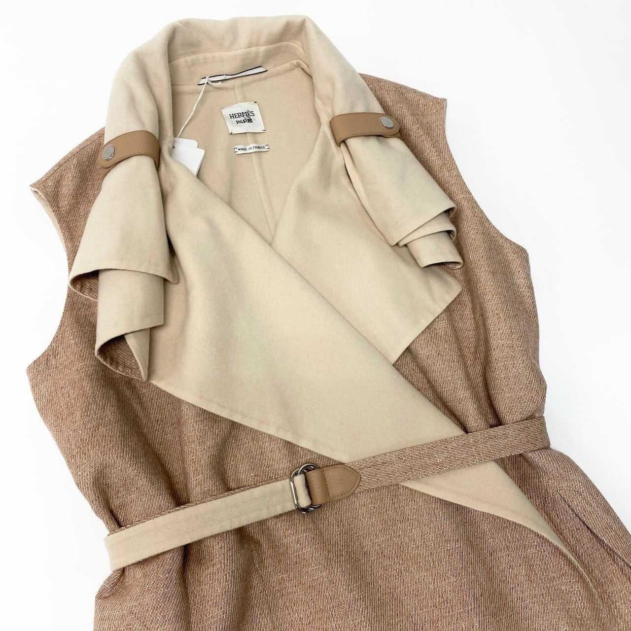 HERMES エルメス ダブルフェイス ラップコート スリーブレス ベージュ ピンクベージュ カシミヤ / ウール / シルク ロングコート レディース S