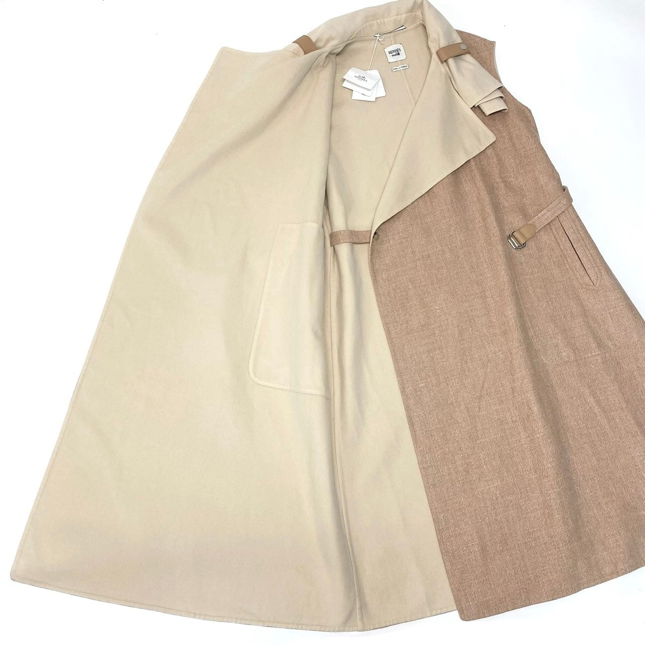 HERMES エルメス ダブルフェイス ラップコート スリーブレス ベージュ ピンクベージュ カシミヤ / ウール / シルク ロングコート レディース S