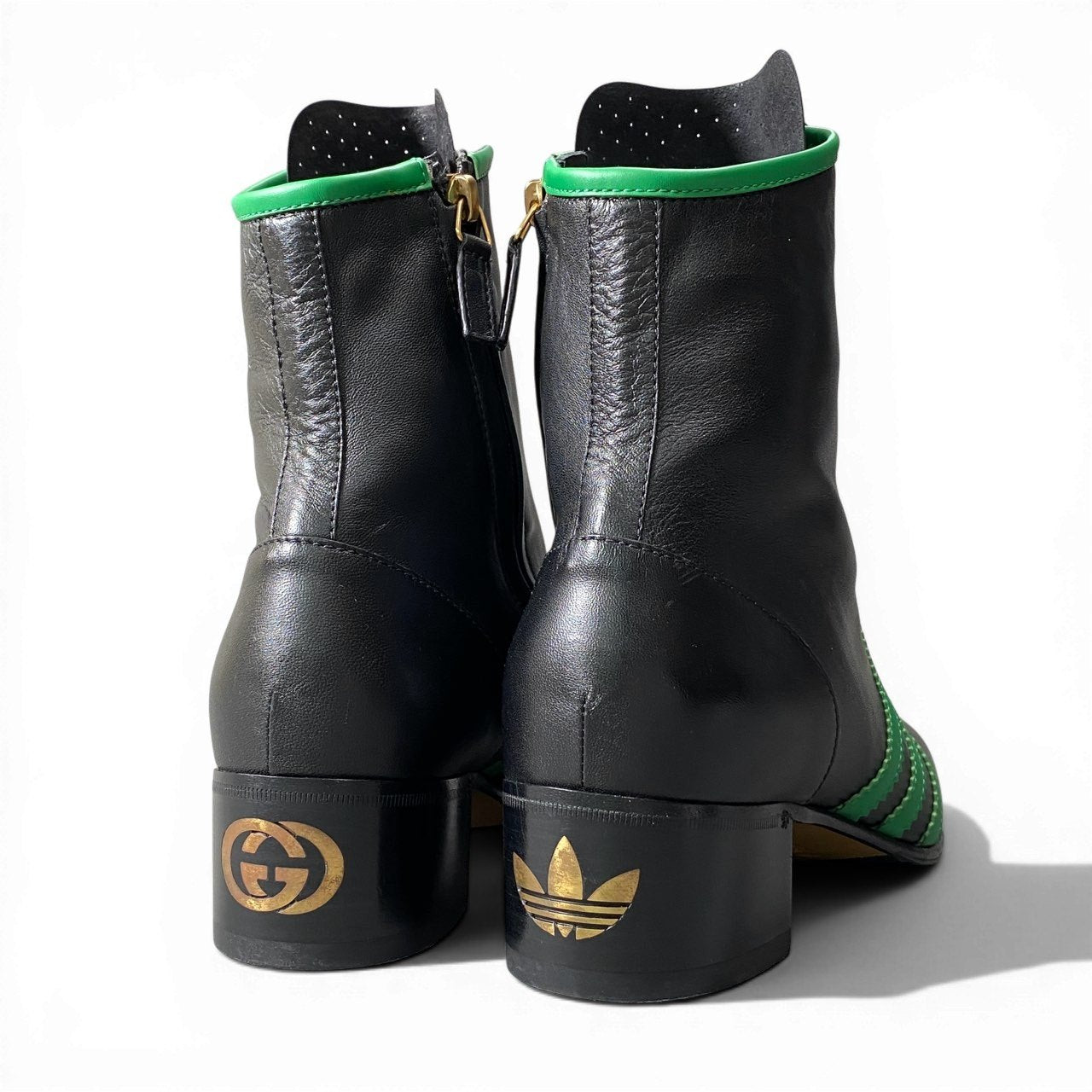 GUCCI グッチ × アディダス ボーリングシューズ サイドジップ トレフォイルロゴ ブラック レザー レザーブーツ レディース SA