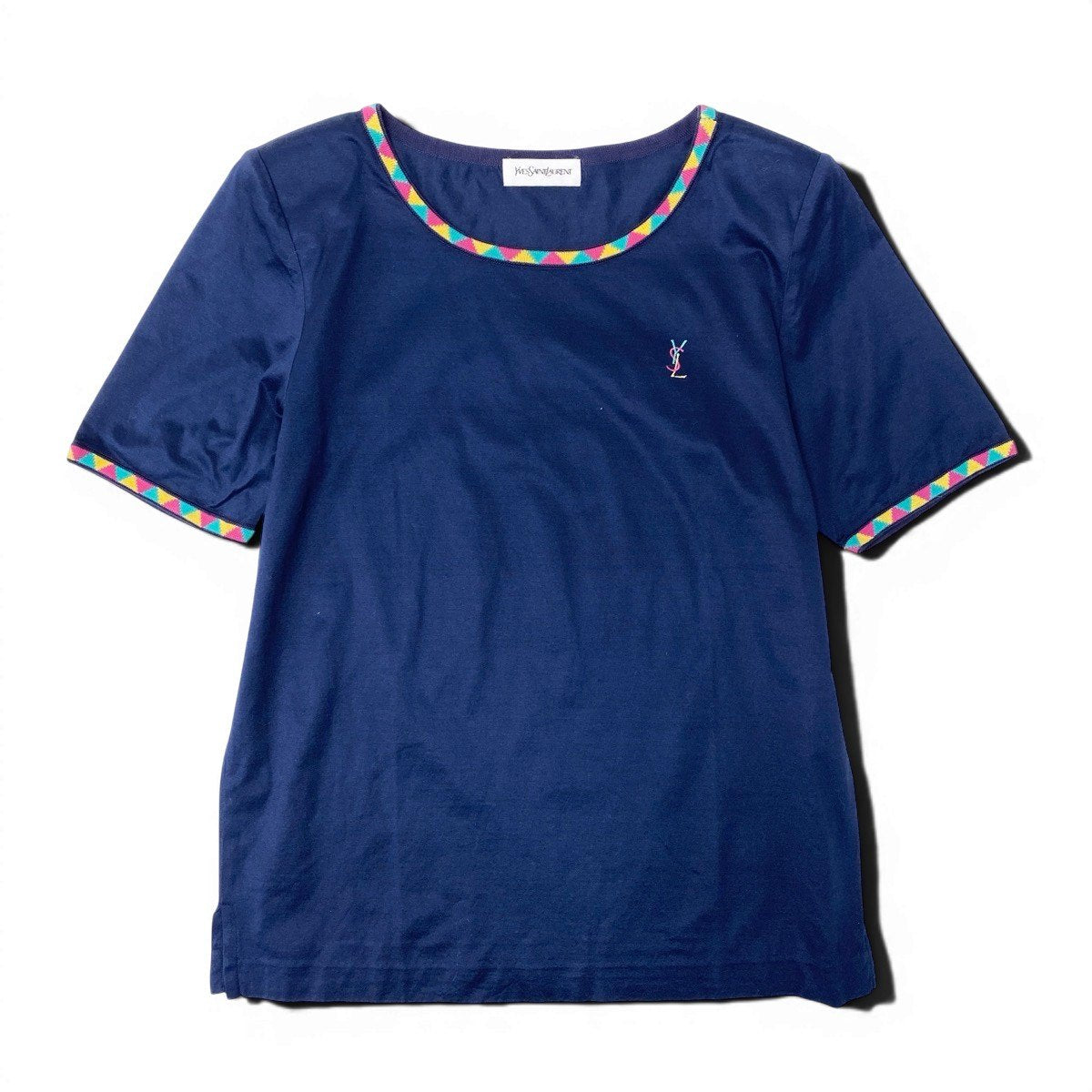 YVES SAINT LAURENT イヴ サンローラン YSLロゴ刺繍 カットソー ネイビー コットン 半袖Ｔシャツ レディース AB