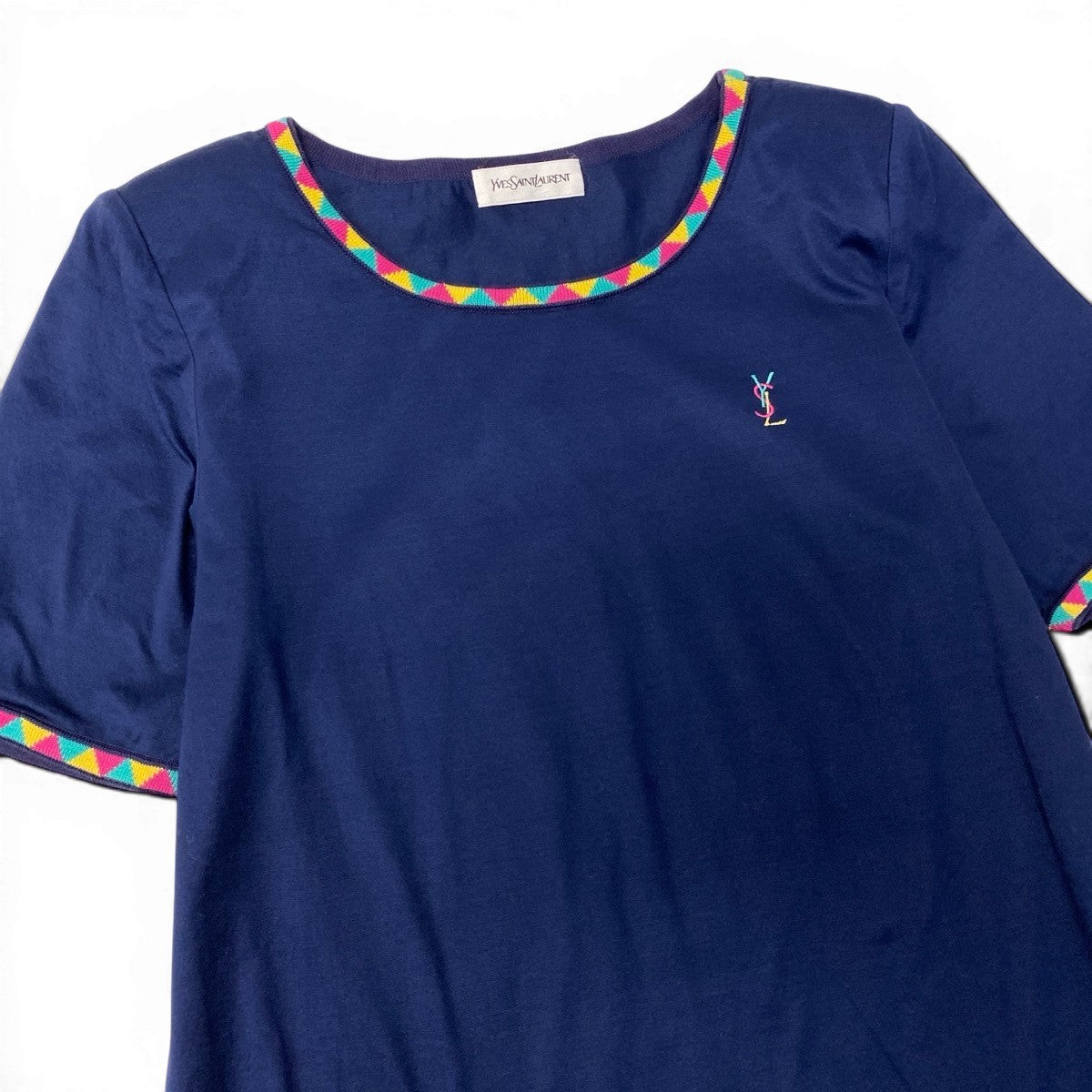 YVES SAINT LAURENT イヴ サンローラン YSLロゴ刺繍 カットソー ネイビー コットン 半袖Ｔシャツ レディース AB
