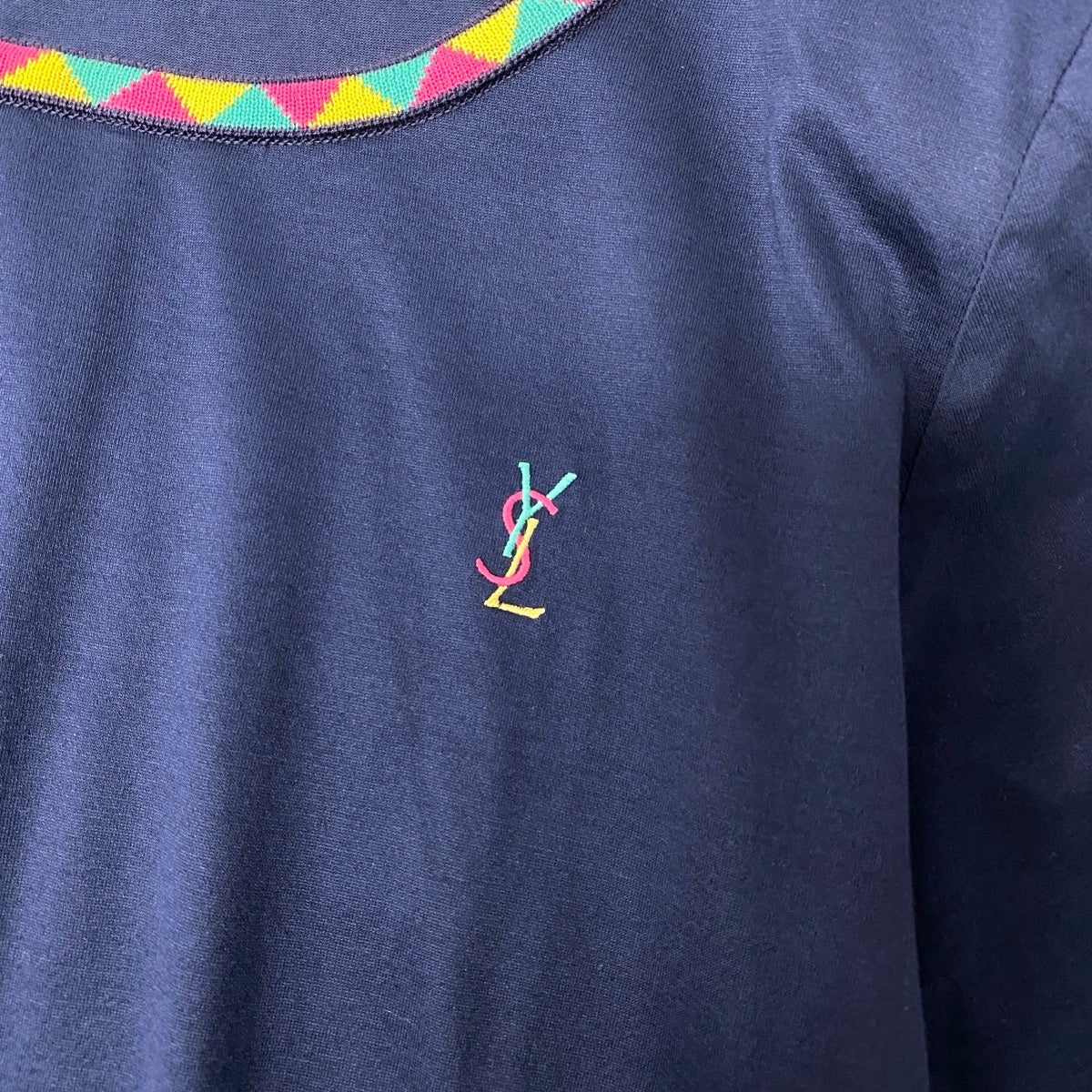 YVES SAINT LAURENT イヴ サンローラン YSLロゴ刺繍 カットソー ネイビー コットン 半袖Ｔシャツ レディース AB