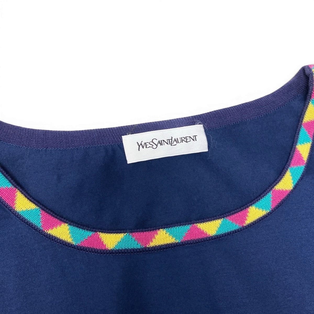 YVES SAINT LAURENT イヴ サンローラン YSLロゴ刺繍 カットソー ネイビー コットン 半袖Ｔシャツ レディース AB