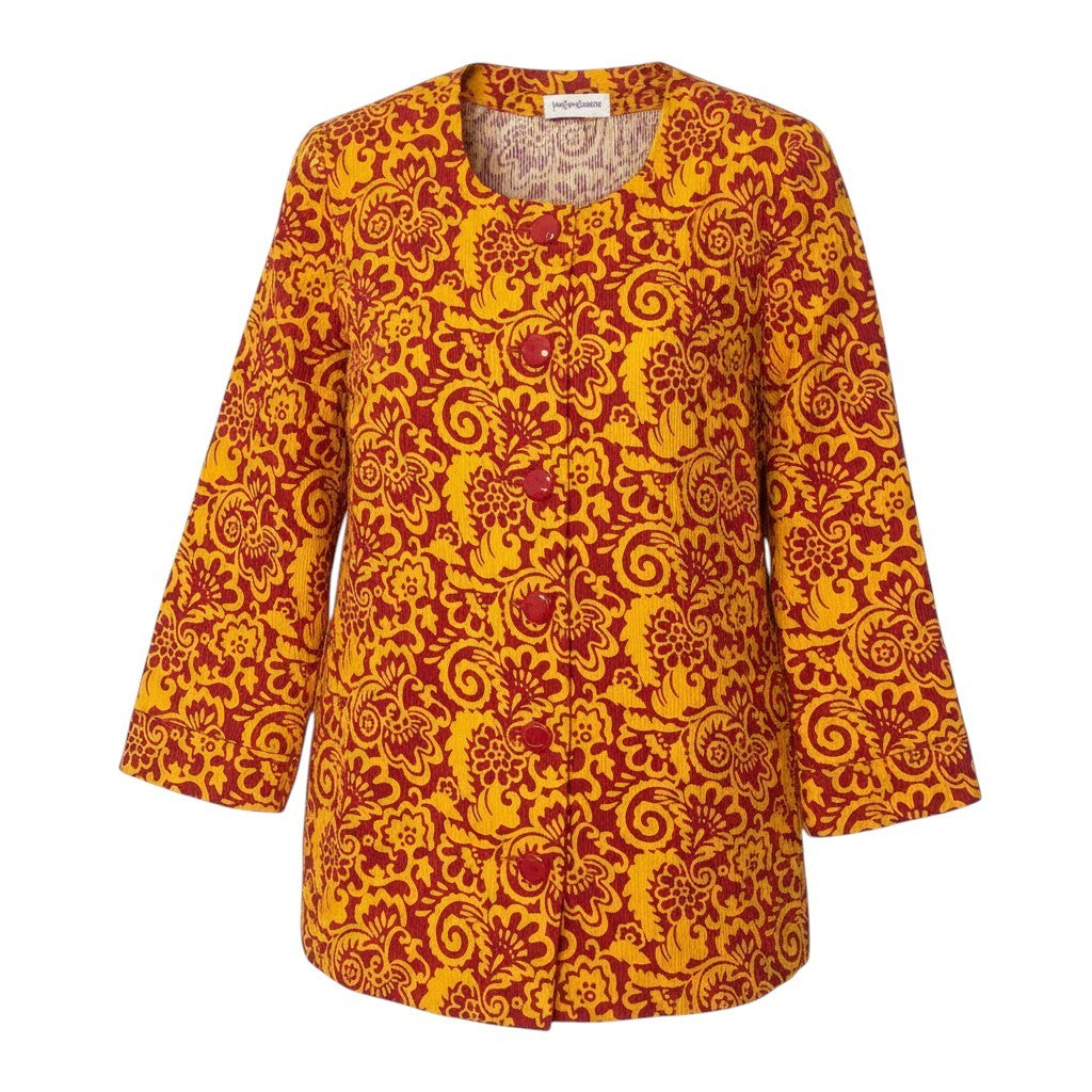 YVES SAINT LAURENT イヴ サンローラン ヴィンテージ 総柄プリント ノーカラージャケット オレンジ レッド コットン ノーカラージャケット レディース AB