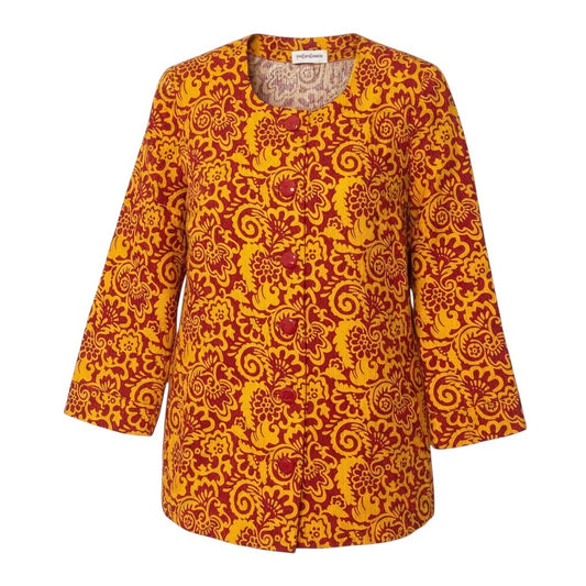 YVES SAINT LAURENT イヴ サンローラン ヴィンテージ 総柄プリント ノーカラージャケット オレンジ レッド コットン ノーカラージャケット レディース AB