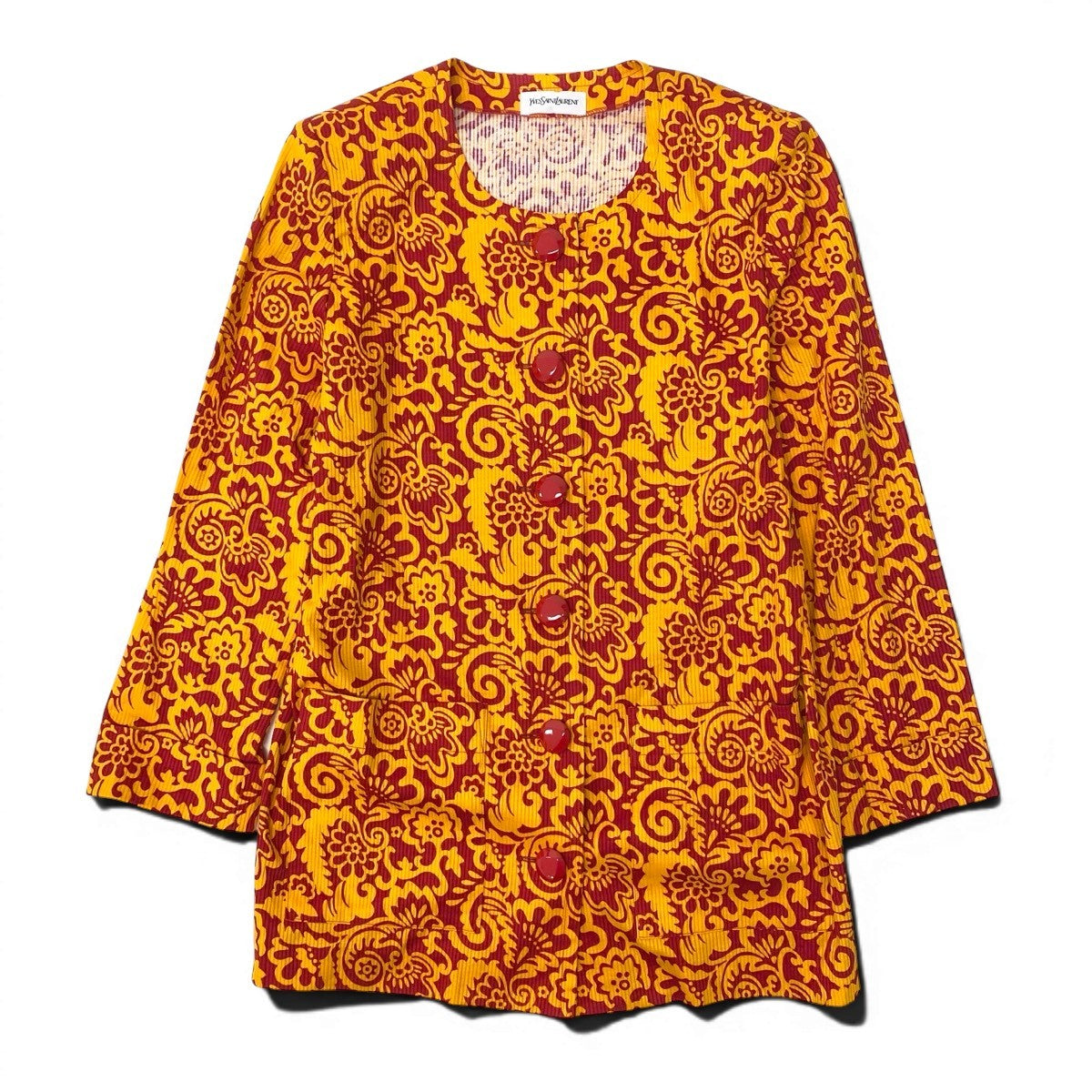 YVES SAINT LAURENT イヴ サンローラン ヴィンテージ 総柄プリント ノーカラージャケット オレンジ レッド コットン ノーカラージャケット レディース AB