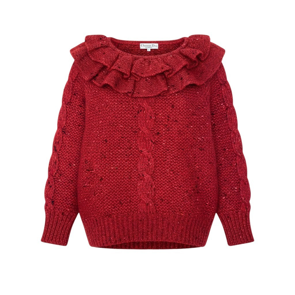 Christian Dior クリスチャンディオール フリルネック ローゲージ ニットセーター レッド ウール ニット レディース AB