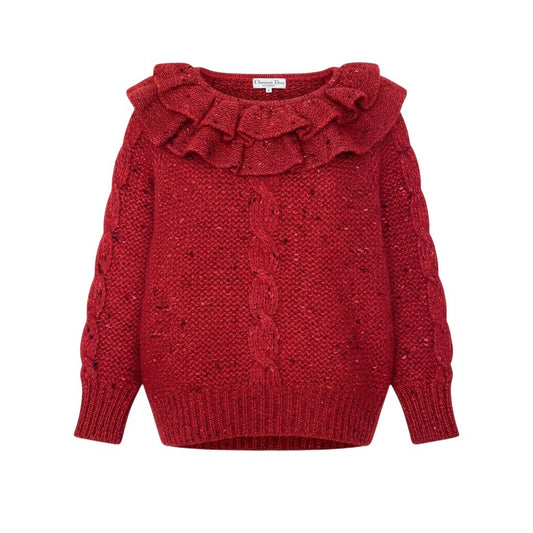 Christian Dior クリスチャンディオール フリルネック ローゲージ ニットセーター レッド ウール ニット レディース AB