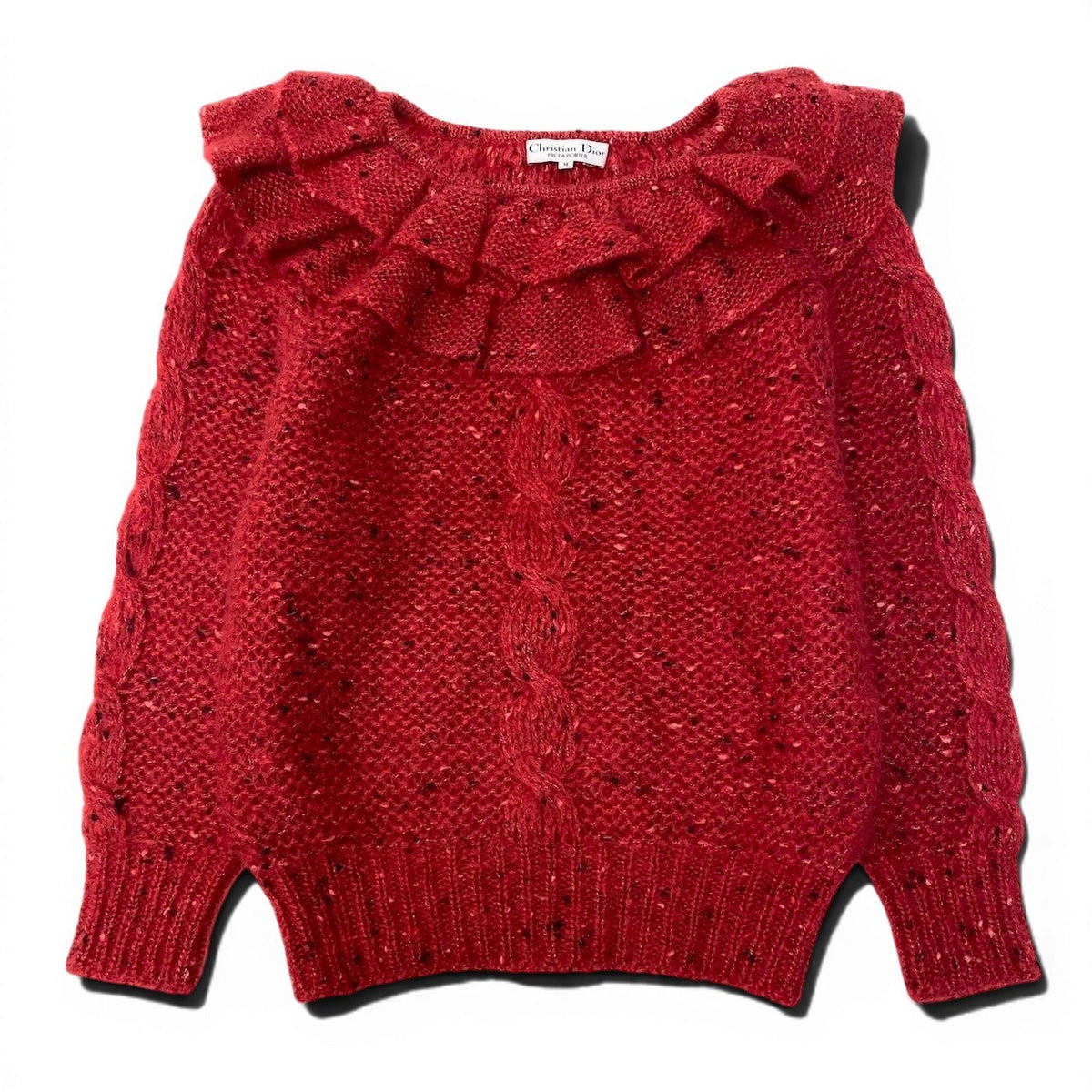 Christian Dior クリスチャンディオール フリルネック ローゲージ ニットセーター レッド ウール ニット レディース AB
