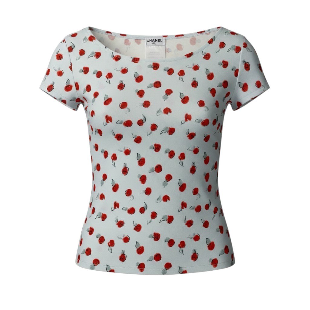 CHANEL シャネル 99s カットソー ココマーク 花柄モチーフ ライトブルー ポリアミド / エラスチン 半袖Ｔシャツ レディース AB