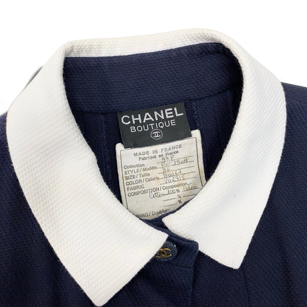 CHANEL シャネル 1993 ランウェイ ココマークボタン ワンピース ドレス ネイビー ホワイト コットン ワンピース レディース BC
