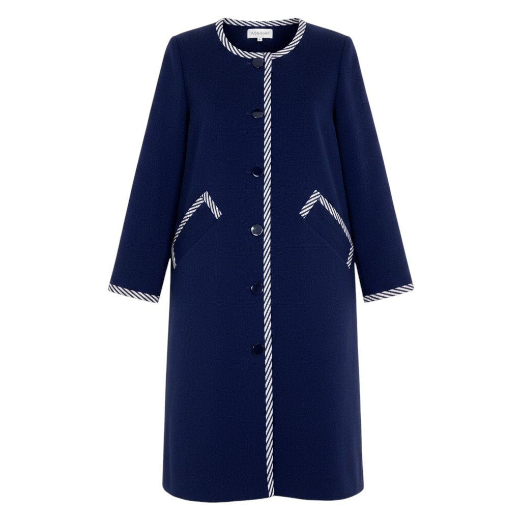 YVES SAINT LAURENT イヴ サンローラン ノーカラー ニットコート ストライプ柄 ネイビー コットン / トリアセテート その他アウター レディース AB
