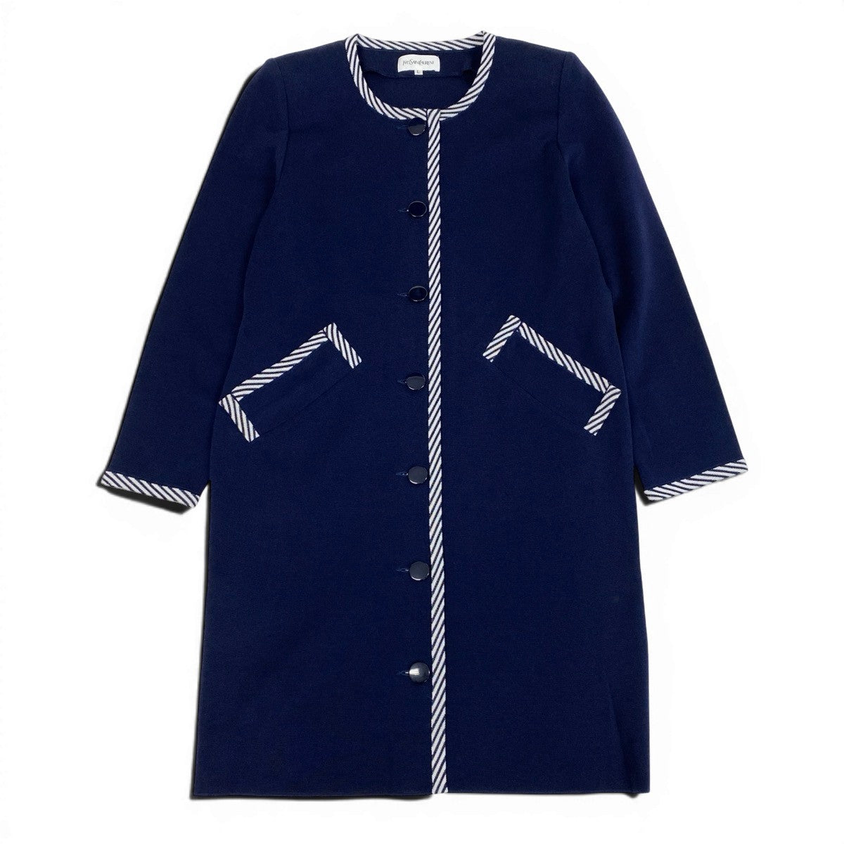 YVES SAINT LAURENT イヴ サンローラン ノーカラー ニットコート ストライプ柄 ネイビー コットン / トリアセテート その他アウター レディース AB