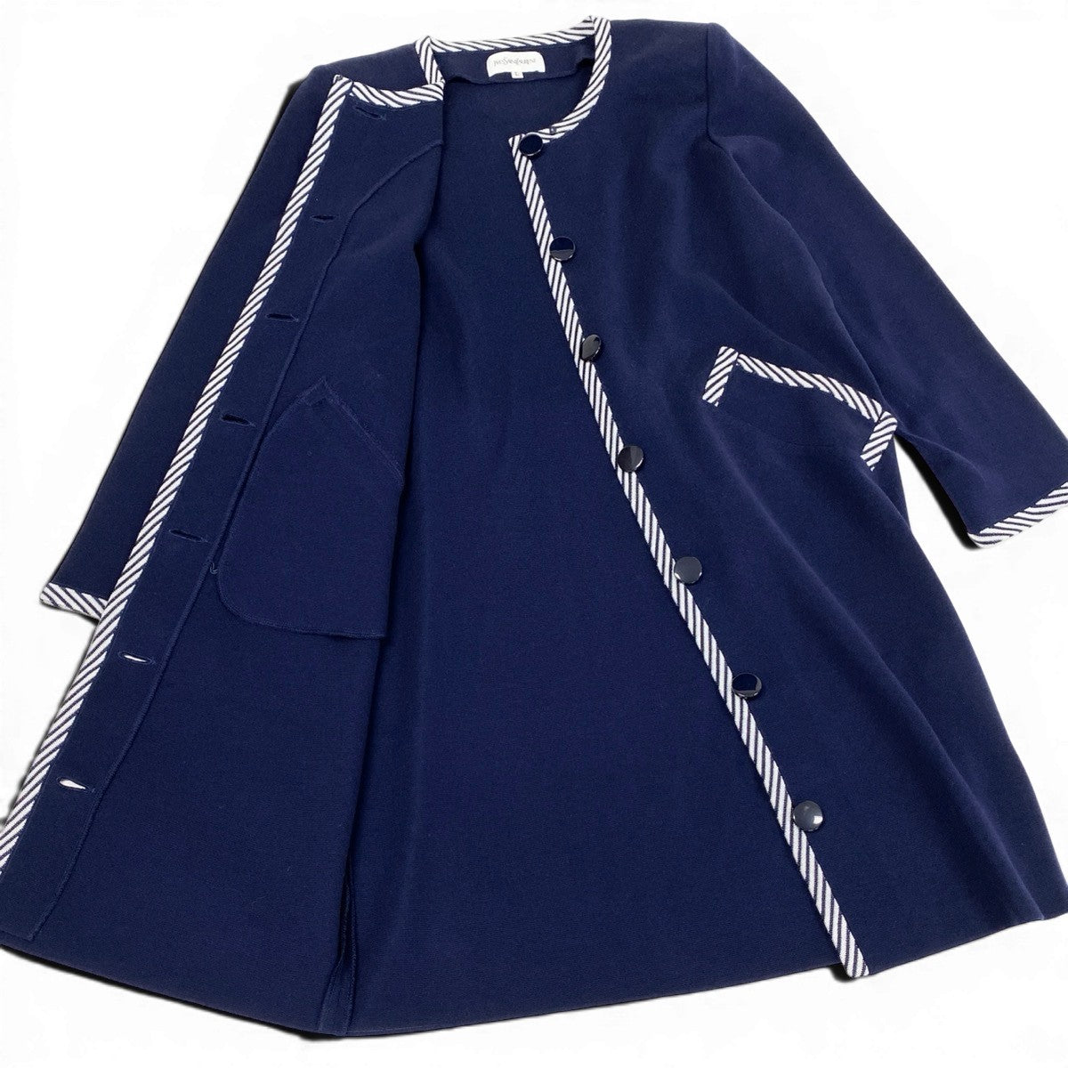 YVES SAINT LAURENT イヴ サンローラン ノーカラー ニットコート ストライプ柄 ネイビー コットン / トリアセテート その他アウター レディース AB