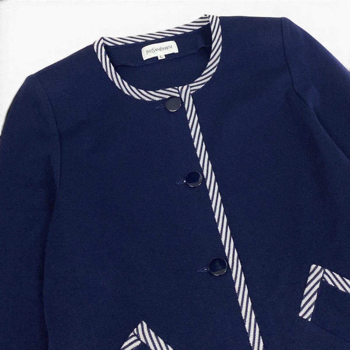 YVES SAINT LAURENT イヴ サンローラン ノーカラー ニットコート ストライプ柄 ネイビー コットン / トリアセテート その他アウター レディース AB