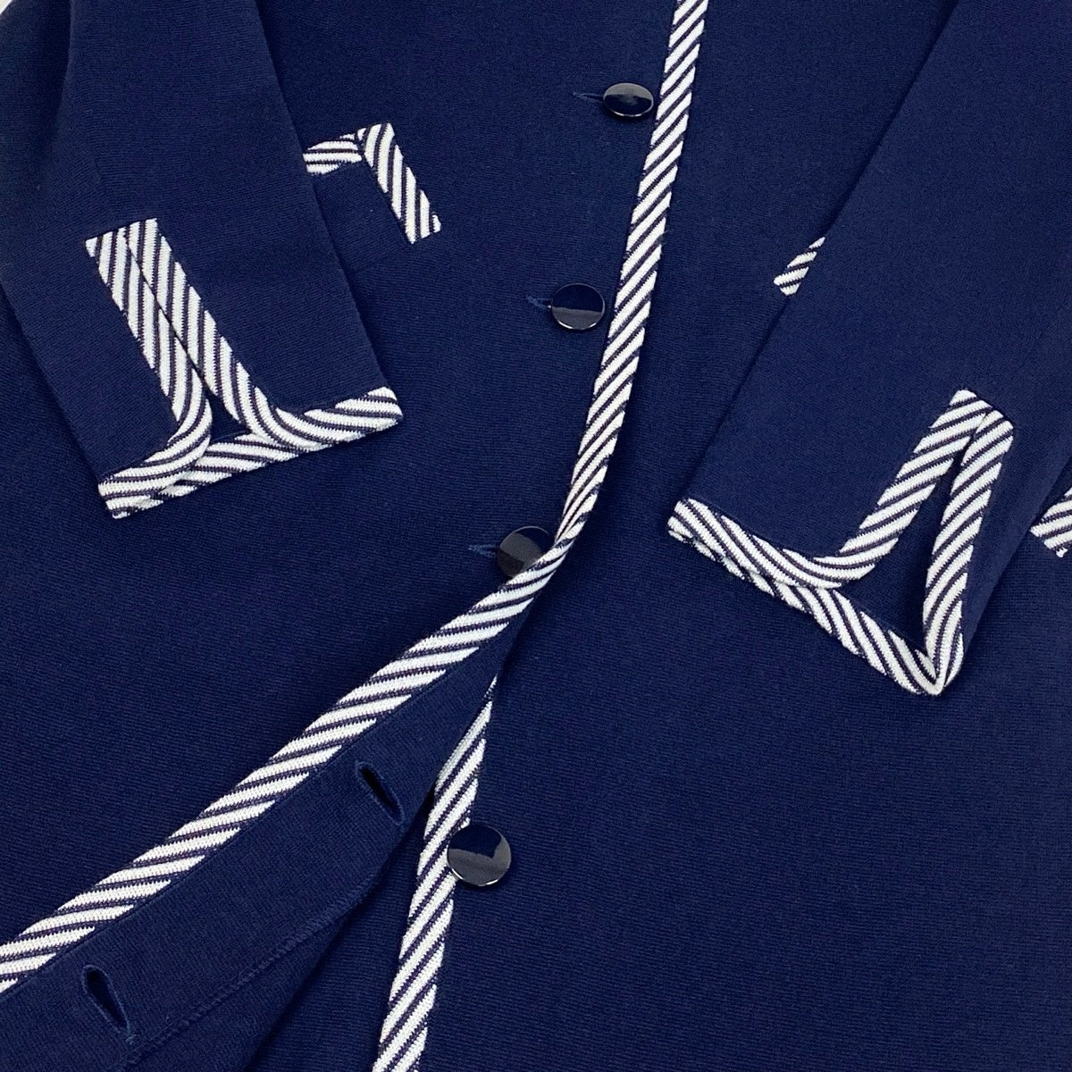 YVES SAINT LAURENT イヴ サンローラン ノーカラー ニットコート ストライプ柄 ネイビー コットン / トリアセテート その他アウター レディース AB