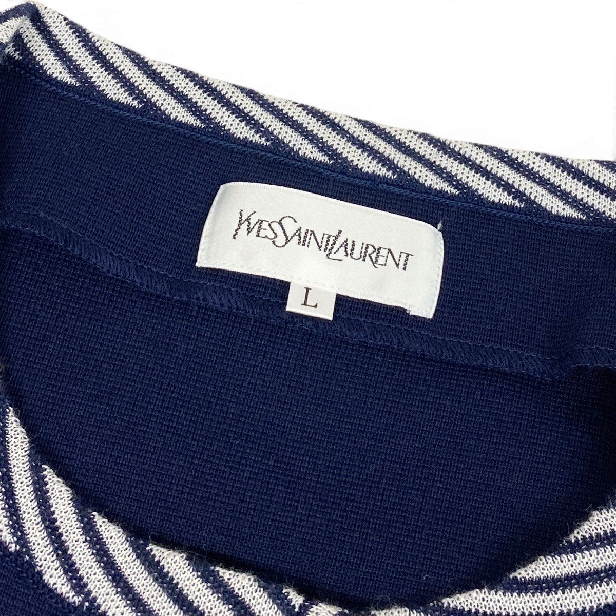 YVES SAINT LAURENT イヴ サンローラン ノーカラー ニットコート ストライプ柄 ネイビー コットン / トリアセテート その他アウター レディース AB
