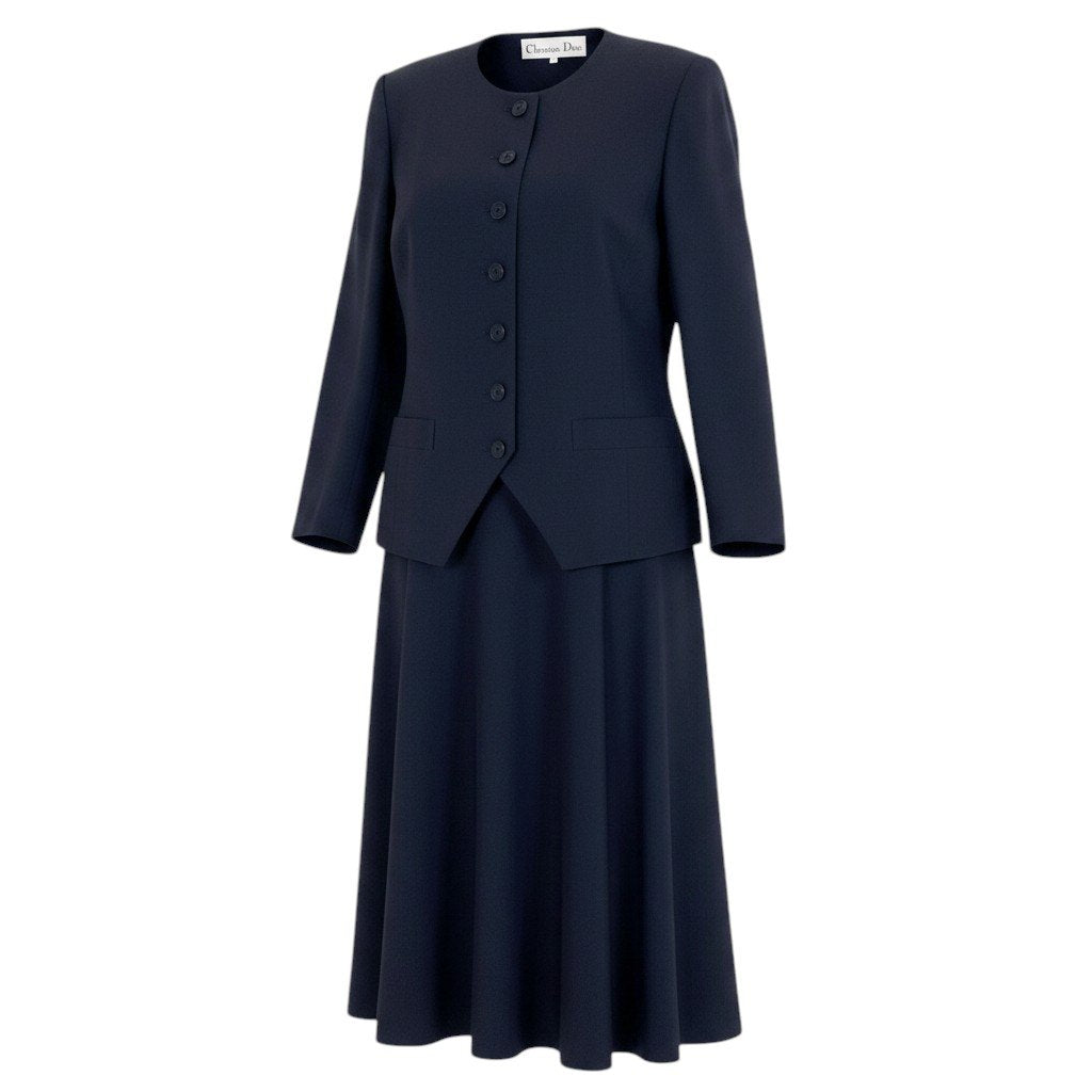 Christian Dior クリスチャンディオール スカートスーツ ノーカラージャケット フレアスカート ネイビー ウール セットアップ レディース AB