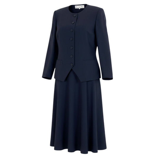 Christian Dior クリスチャンディオール スカートスーツ ノーカラージャケット フレアスカート ネイビー ウール セットアップ レディース AB