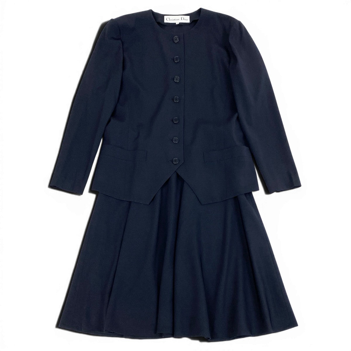 Christian Dior クリスチャンディオール スカートスーツ ノーカラージャケット フレアスカート ネイビー ウール セットアップ レディース AB