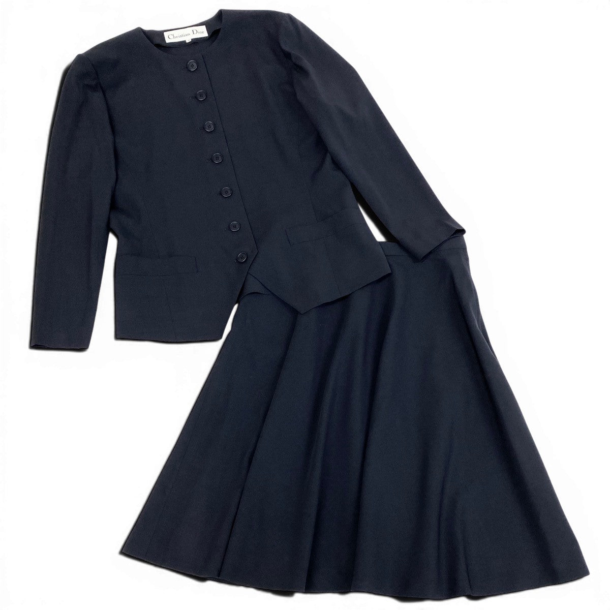 Christian Dior クリスチャンディオール スカートスーツ ノーカラージャケット フレアスカート ネイビー ウール セットアップ レディース AB