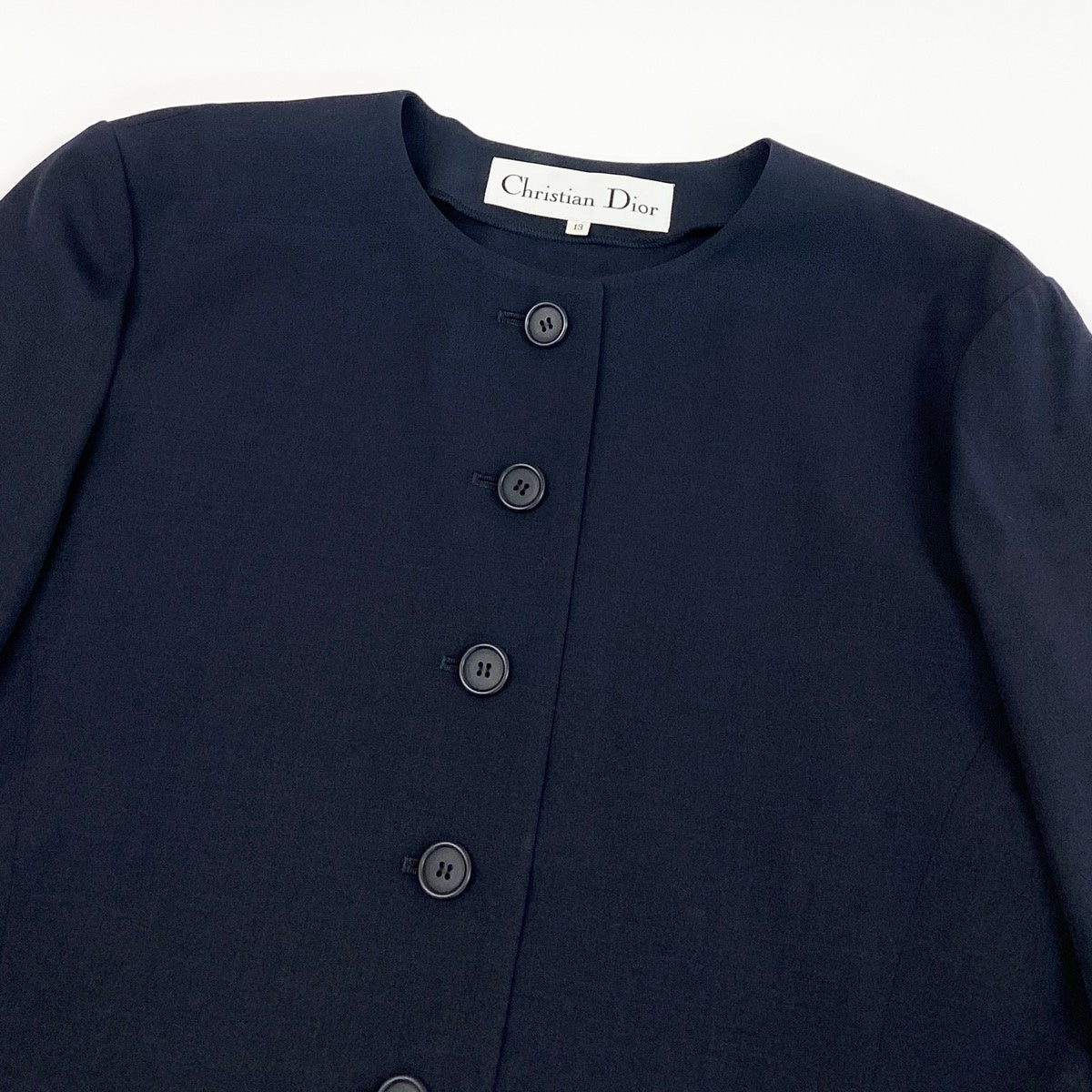 Christian Dior クリスチャンディオール スカートスーツ ノーカラージャケット フレアスカート ネイビー ウール セットアップ レディース AB