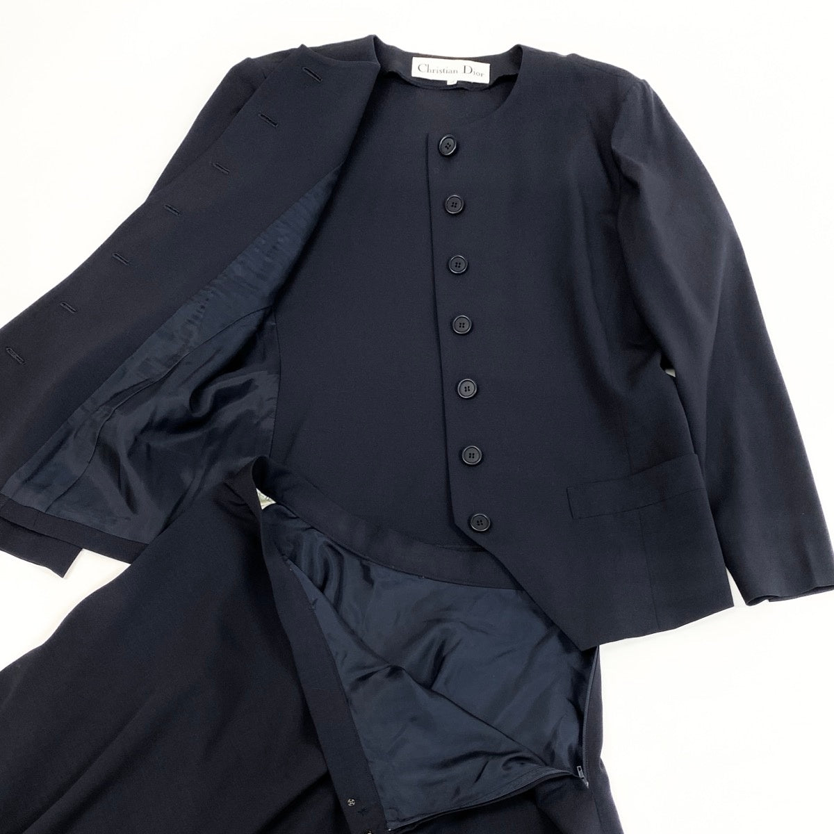 Christian Dior クリスチャンディオール スカートスーツ ノーカラージャケット フレアスカート ネイビー ウール セットアップ レディース AB