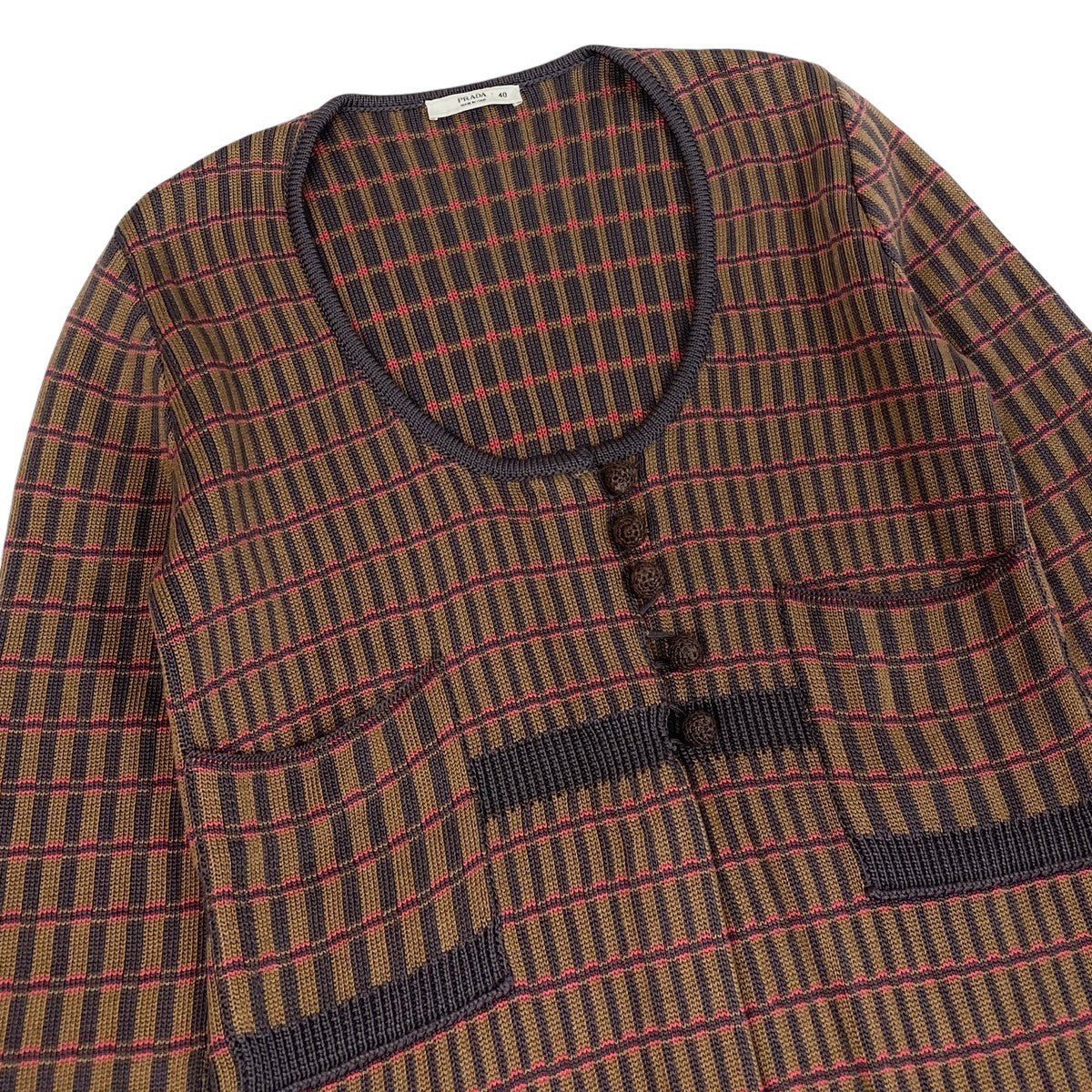 PRADA プラダ 2012AW ニットドレス チェック柄 ブラウン マルチカラー シルク ワンピース レディース ABP