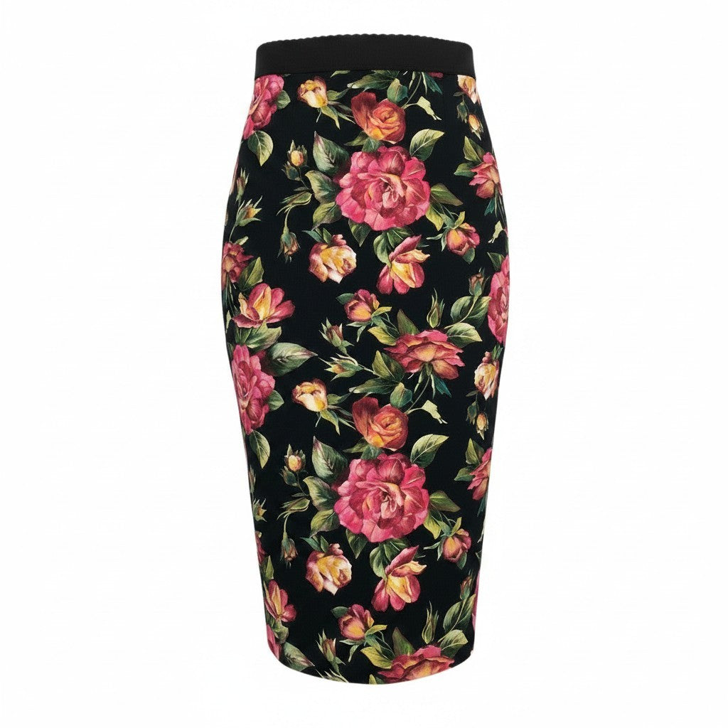 DOLCE&GABBANA ドルチェアンドガッバーナ フラワープリント ミディ丈 ブラック マルチカラー シルク スカート レディース A