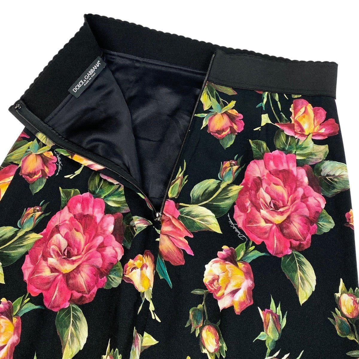 DOLCE&GABBANA ドルチェアンドガッバーナ フラワープリント ミディ丈 ブラック マルチカラー シルク スカート レディース A