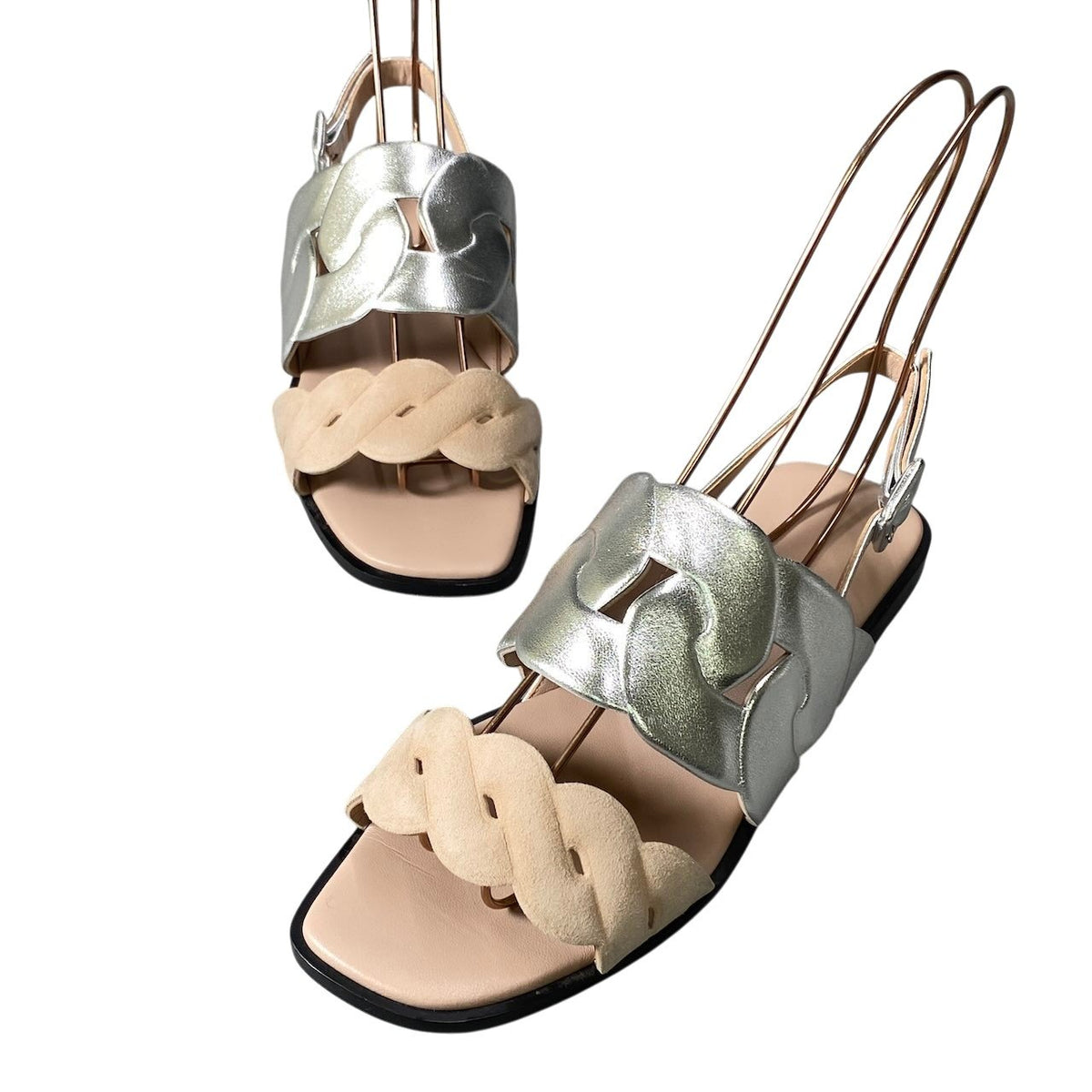 HERMES エルメス グレース フラップサンダル シルバー ベージュ レザー サンダル レディース ABP