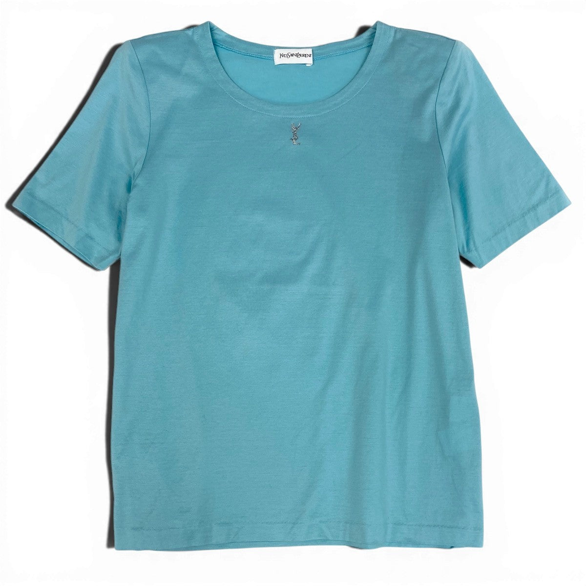 YVES SAINT LAURENT イヴ サンローラン ラインストーンカサンドラロゴ ブルー ライトブルー コットン 半袖Ｔシャツ レディース B