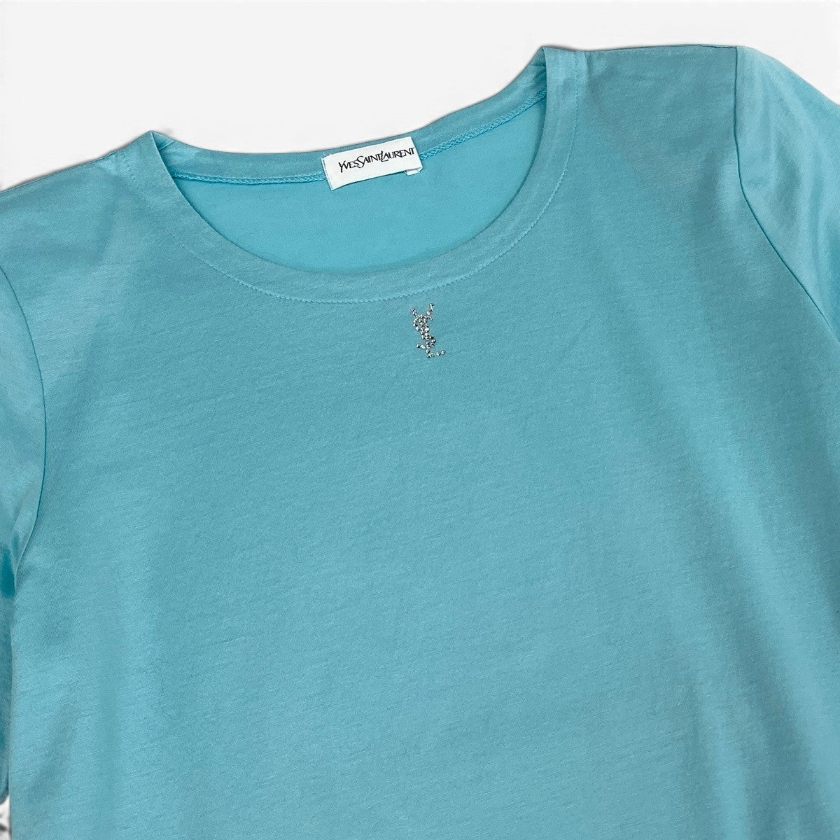 YVES SAINT LAURENT イヴ サンローラン ラインストーンカサンドラロゴ ブルー ライトブルー コットン 半袖Ｔシャツ レディース B