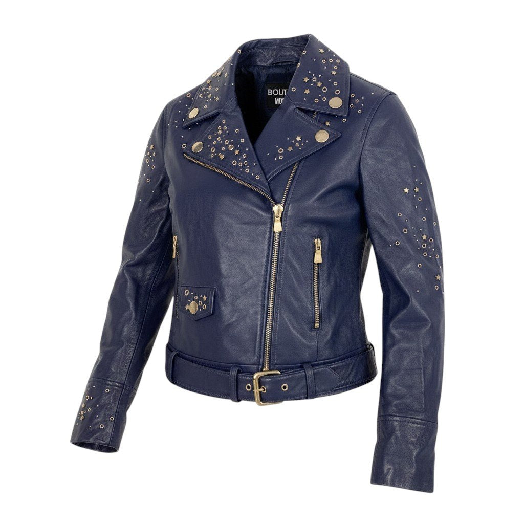 MOSCHINO モスキーノ BOUTIQUE MOSCHINO レザージャケット 星 スタッズ ネイビー レザー ダブルライダースジャケット レディース AB