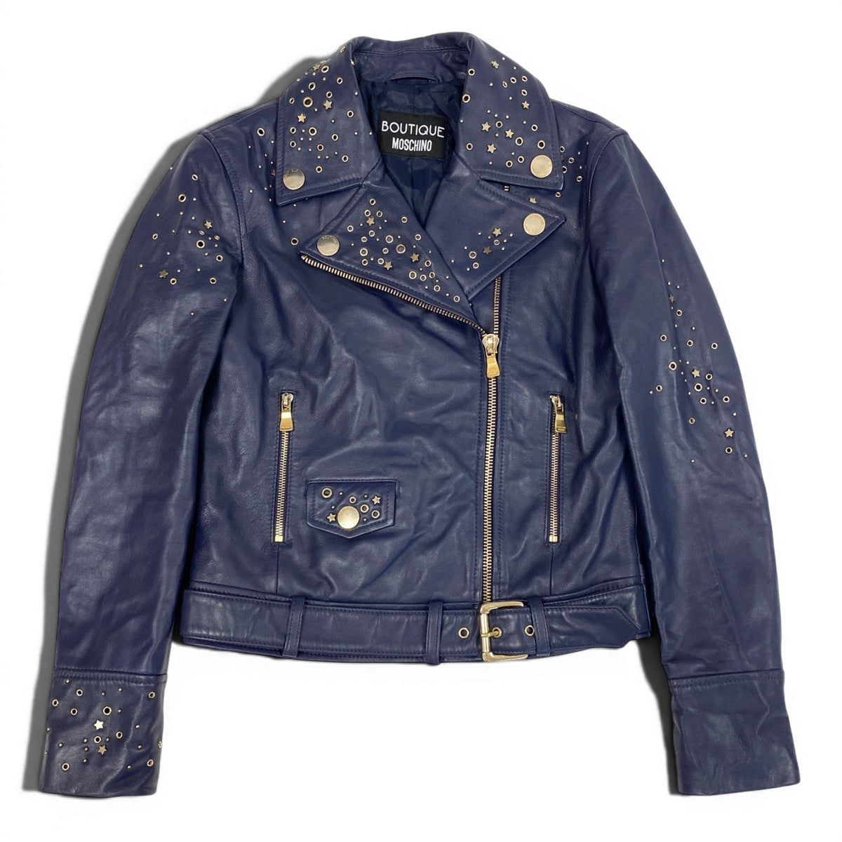 MOSCHINO モスキーノ BOUTIQUE MOSCHINO レザージャケット 星 スタッズ ネイビー レザー ダブルライダースジャケット レディース AB