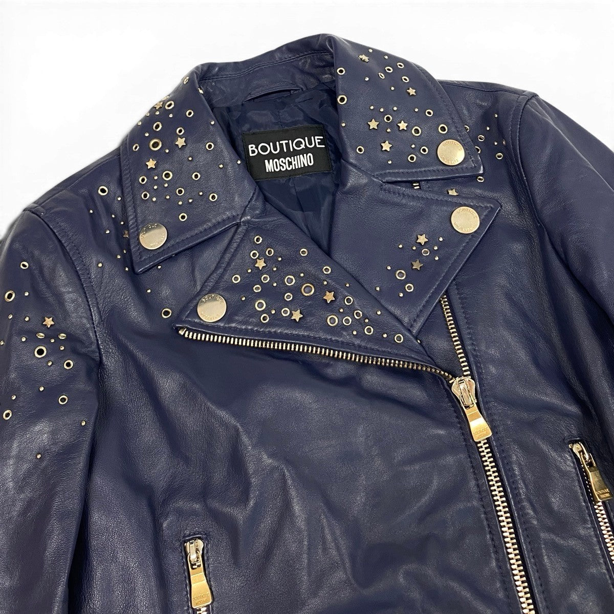 MOSCHINO モスキーノ BOUTIQUE MOSCHINO レザージャケット 星 スタッズ ネイビー レザー ダブルライダースジャケット レディース AB