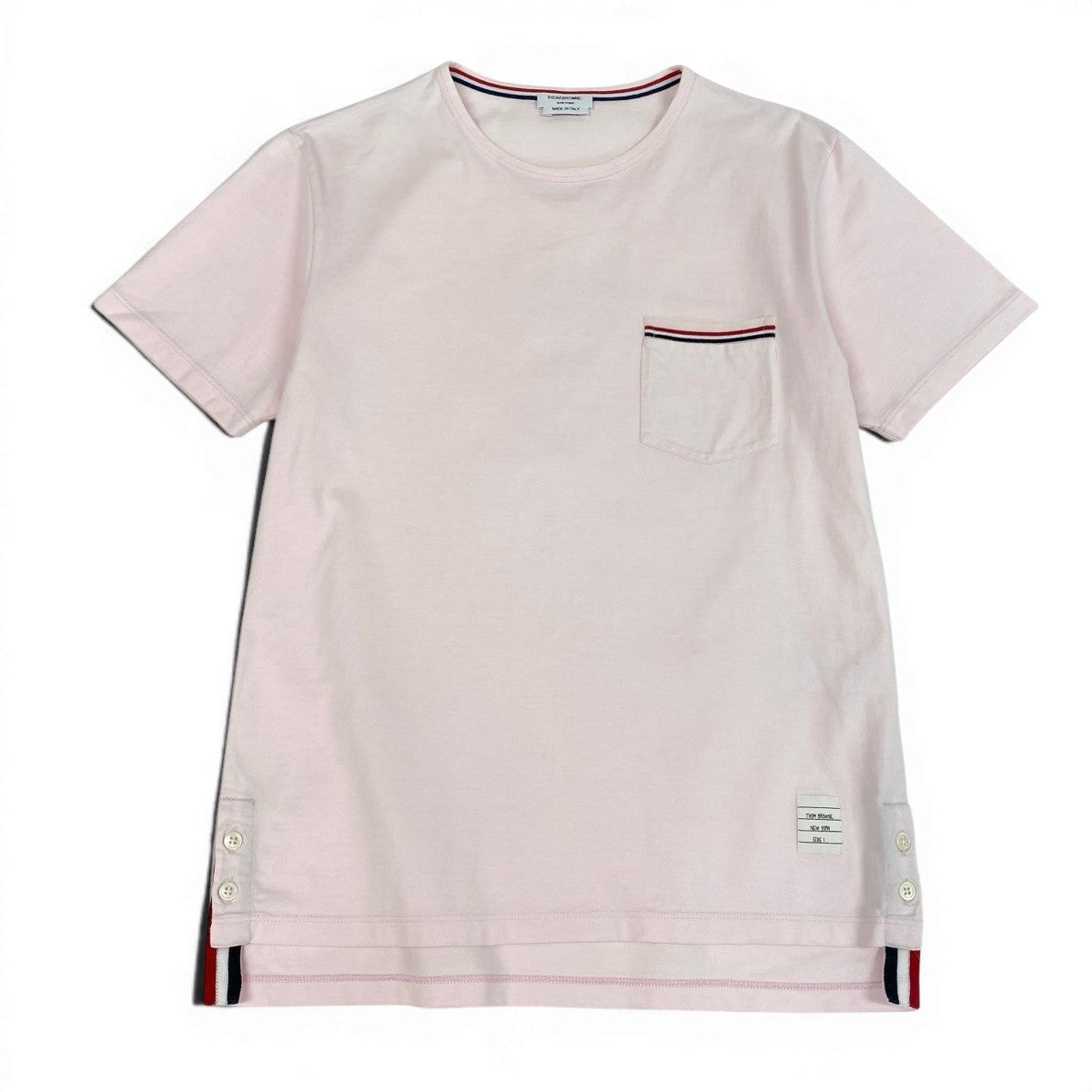 THOM BROWNE トムブラウン クルーネック ポケットTシャツ グログランテープ ピンク コットン 半袖Ｔシャツ メンズ AB