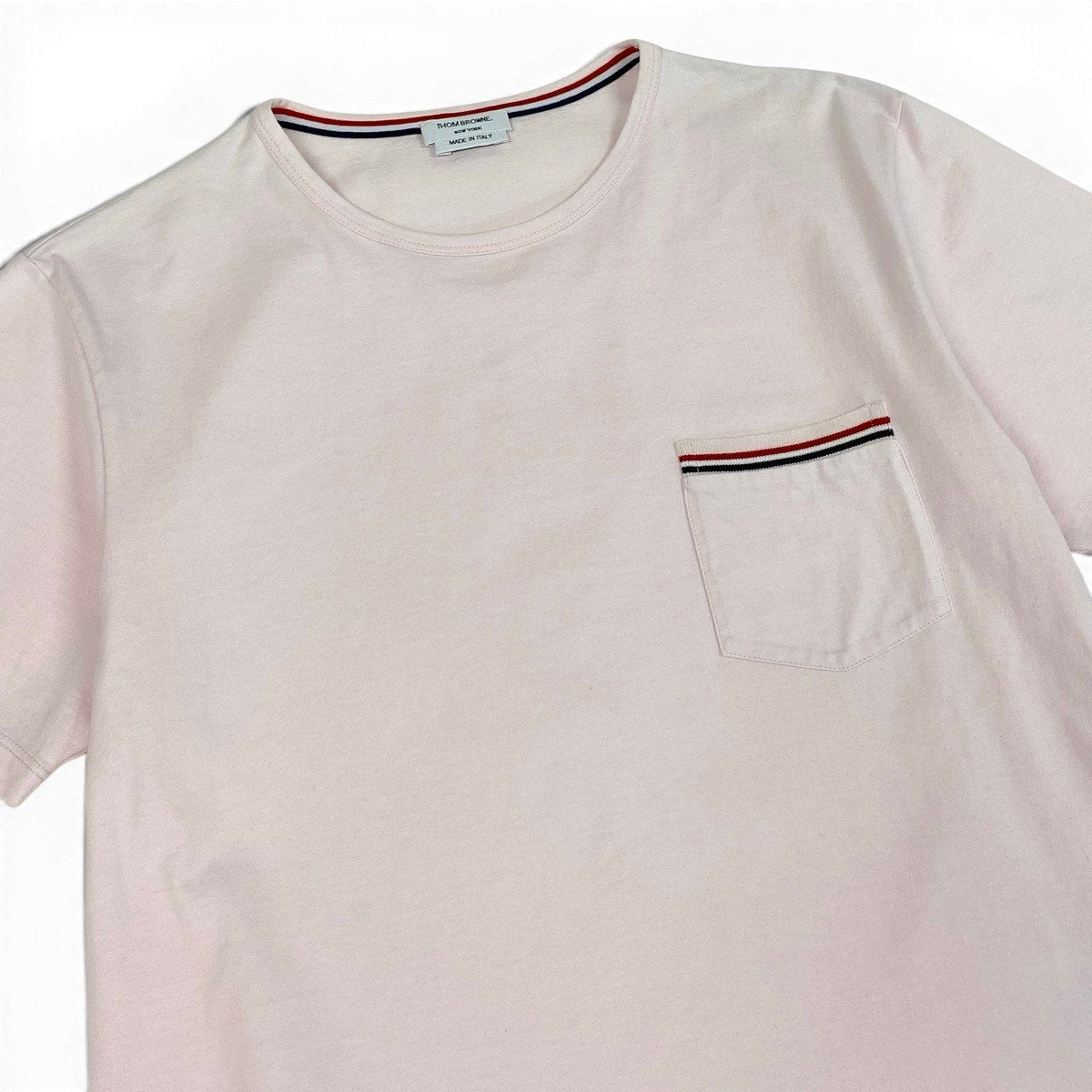 THOM BROWNE トムブラウン クルーネック ポケットTシャツ グログランテープ ピンク コットン 半袖Ｔシャツ メンズ AB